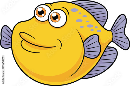 Smiling cartoon fish, friendly yellow aquatic creature, big orange eyes, purple spots and fins, playful underwater vector, stock illustration