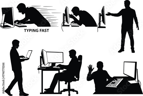 Silhouettes of people using computers, typing fast, presenting, waving, working, frustrated, walking with laptop, digital lifestyle, tech posture, modern device interaction