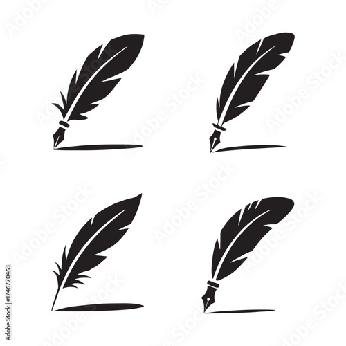 Quill Feather Pen Solid Icons Vintage Set