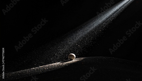 A single stone illuminated by a focused beam of light surrounded by floating dust in darkness.image