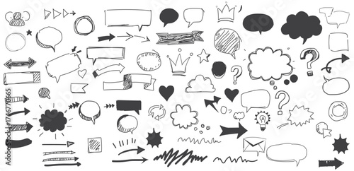 Collection of hand drawn doodle speech bubbles arrows and shapes for creative ideas and communication