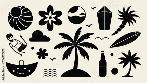 Black and White Summer Vibes Vector Set with Beach Elements Palms Flowers and Sun for Travel and Vacation Designs and Creative Tropical Designs