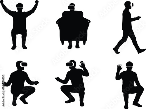 Silhouettes of people wearing VR headsets, standing, sitting, squatting, walking, waving, interacting, gaming, immersive posture, virtual reality experience, digital lifestyle