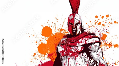 Spartan warrior wearing a corinthian helmet and red cloak with blood splatter. Standing ready for battle. Representing strength. Courage. And ancient greek history