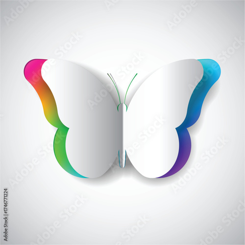 Vector paper butterfly cut with rainbow layer reveal. White minimalist 3D paper cut design with smooth shadows.