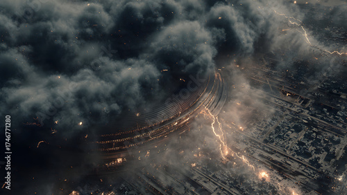 An aerial, top-down view of a massive explosion on the ground, sending thick, dark smoke billowing outwards. Resembling lightning or electrical discharges, shoot through the smoke