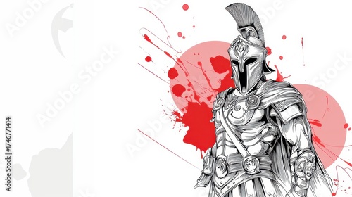 Spartan warrior standing in classic greek armor and plumed corinthian helmet, symbolizing strength, masculinity, and ancient history, with a dynamic red paint splash background