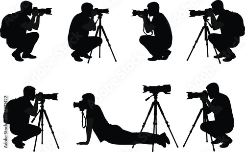 Silhouettes of photographers using tripod cameras, squatting, kneeling, standing, lying down, outdoor shooting posture, travel gear, photography action, camera operation, visual storytelling
