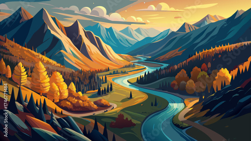Very beautiful Aerial view of winding mountain road, river in alpine valley at sunset in autumn. Top drone view of road in Swiss mountain pass, yellow grass, trees in fall. Colorful landscape. Alps in