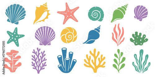 Underwater coral and seaweed, shells, vector cartoon on a white background.Vector eps 10	
