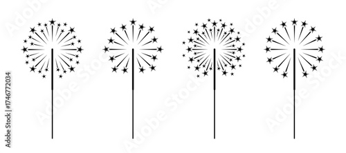 Sparklers icon set, black silhouette isolated on white. Different shape of party sparkler, sparking sticks in stencil style. Vector clipart sign or logo for minimalist holiday design and print.