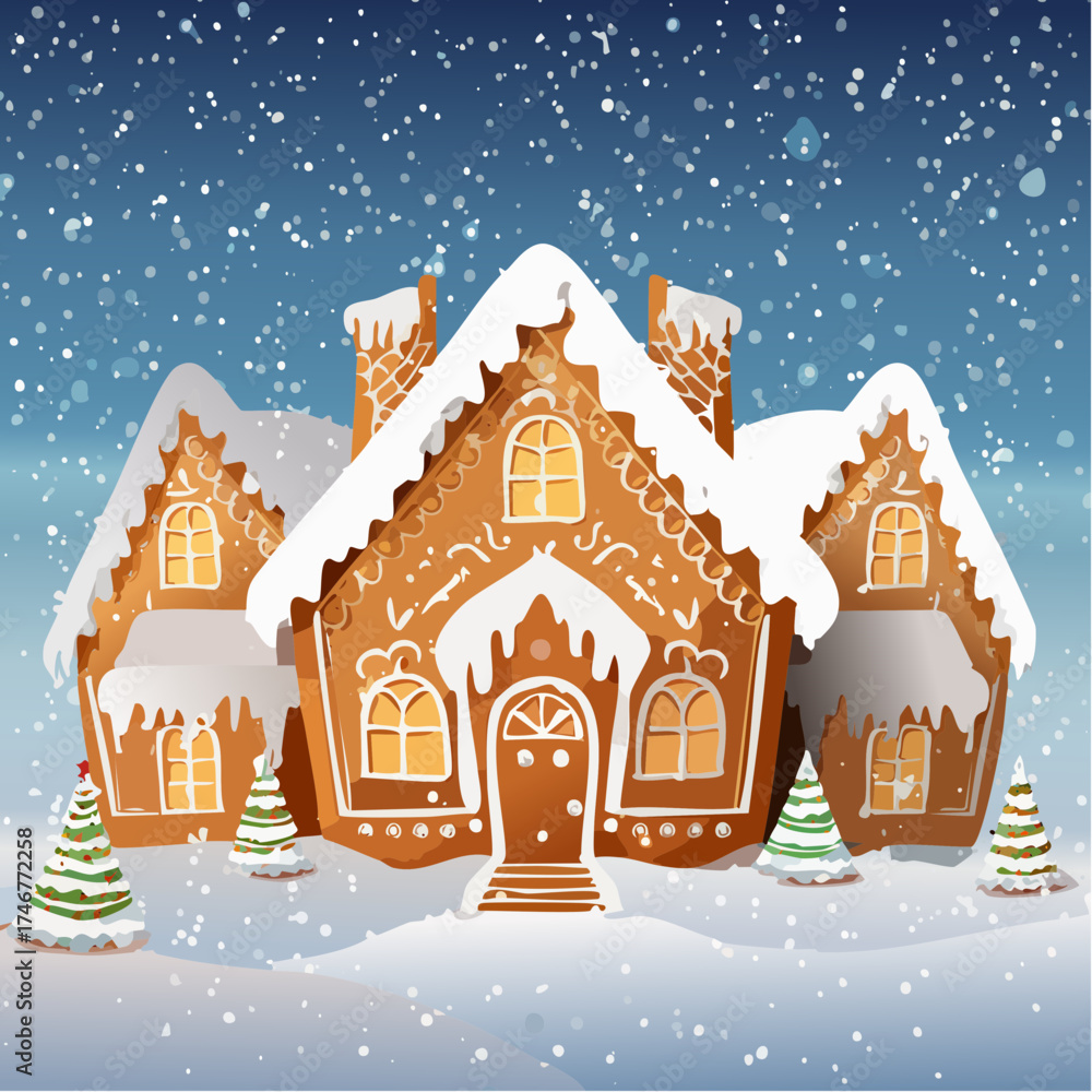Fototapeta premium Magical Christmas illustration of a gingerbread house cottage covered in sweet icing and snow
