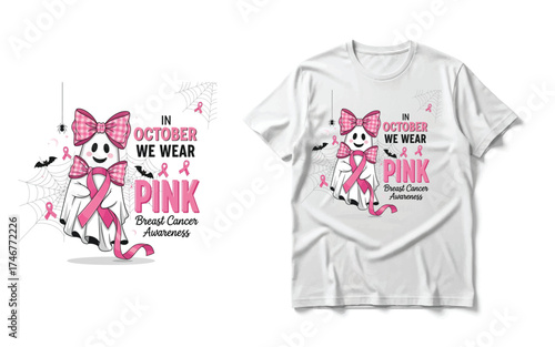 Cute Ghost Pink Ribbon T-Shirt | "In October We Wear Pink" Breast Cancer Awareness Tee