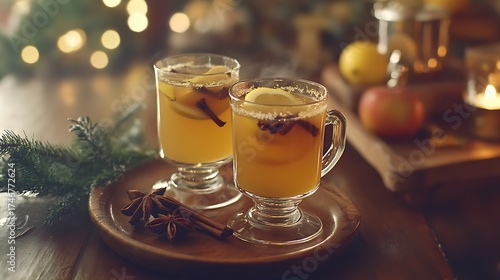 Wassail mulled apple cider with lemon and spices in glasses