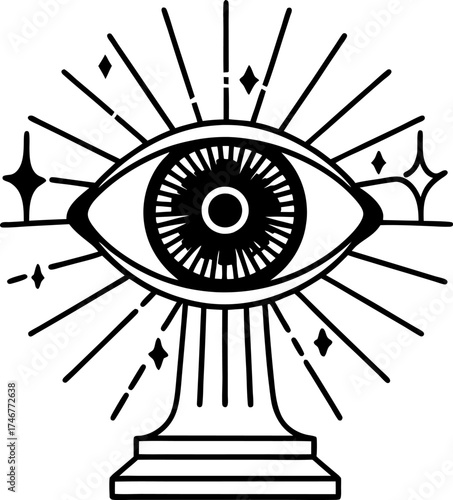 Mystical eye symbol with radiant rays, magic pedestal illustration abstract spiritual vision, psychic insight, occult energy graphic