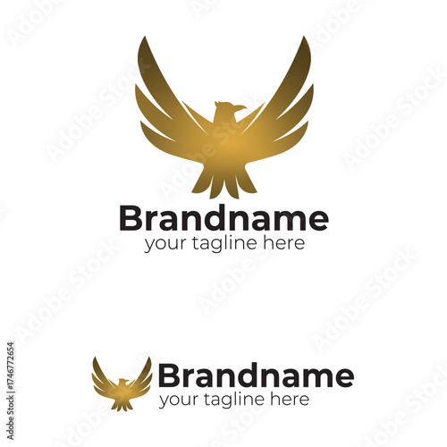 Majestic Golden Phoenix or Eagle Logo: Abstract Bird with Outstretched Wings Symbolizing Power, Freedom, Success, and Corporate Excellence Vector