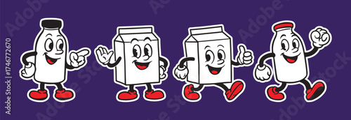 Whimsical milk carton characters bring joy to your brand with their cheerful smiles and playful poses, perfect for kids' products and food promotions