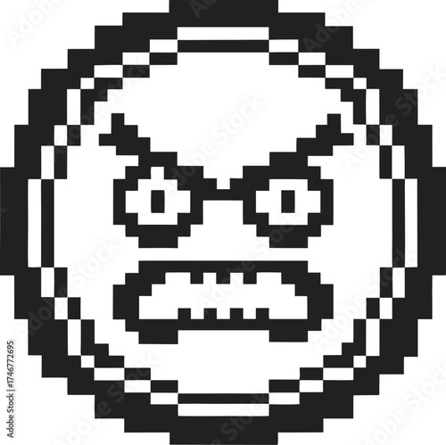 Angry pixel face expression black and white 8 bit emoticon illustration with aggressive eyes and mouth, retro digital art