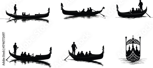 "Venetian gondola silhouettes with passengers and gondoliers on water, traditional boats reflections, cultural travel tourism vector illustration design"