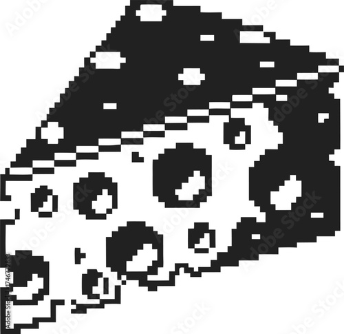 Pixel art cheese wedge illustration retro dairy food, monochrome pixelated design with holes and texture