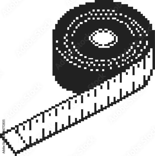 Retro pixel measuring tape extended, black and white illustration classic ruler tool for tailoring, crafts, sewing, diy