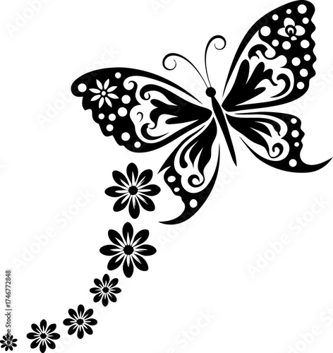 Elegant butterfly with decorative wings and floral trail black silhouette design with ornate patterns and blooming flowers