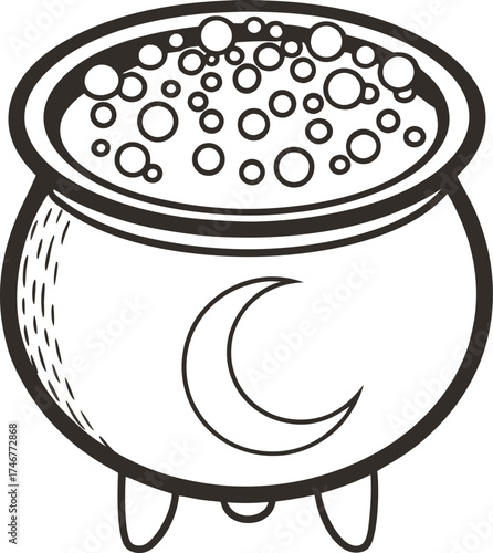 Magic cauldron with bubbling potion and crescent moon symbol witchcraft and alchemy fantasy element, black and white drawing