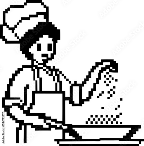 Chef sprinkling seasoning over pan, pixel art retro cooking, culinary professional, apron, kitchen preparation concept