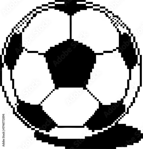 Pixel art soccer ball isolated on white background retro 8 bit illustration, classic football design, black and white sports symbol