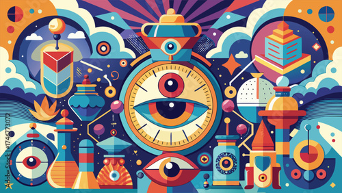 Colorful Geometric Abstract Illustration Featuring Eyes Spheres and Unique Architectural Structures in a Whimsical Fantasy World
