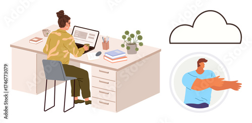 Woman working on laptop at desk, communicating with person through a cloud-based interface. Ideal for teamwork, collaboration, remote connection, networking, technology, productivity, simple flat