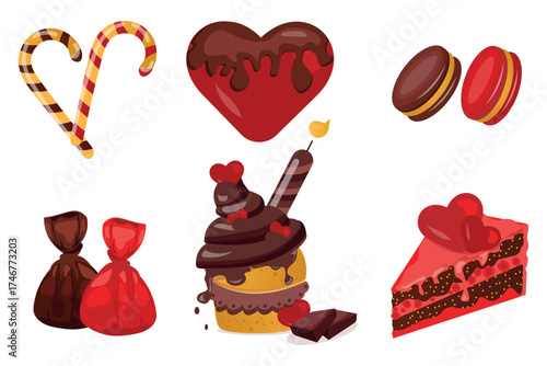 Chocolate Valentine's Day vector. A set of holiday food elements covered in chocolate. Heart, lollipops, cookies, cupcake, candies, and cake.