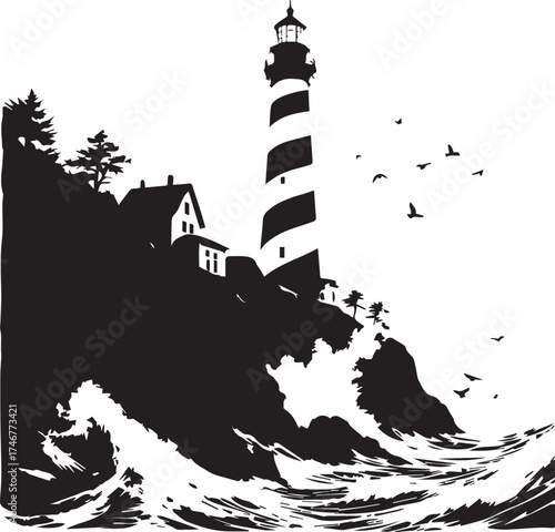 Lighthouse on rocky coast with waves, house, trees, and birds in black and white nautical line art