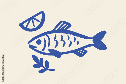 Fish with lemon and herb bold sketch food vector illustration