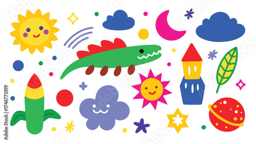 Fun and Playful Doodle Illustration Featuring Sun Moon Stars Clouds and Cute Cartoon Characters for Childrens Designs and Creative Projects