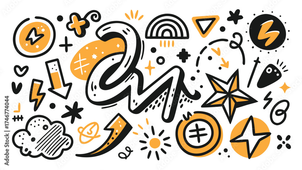 Obraz premium Hand Drawn Doodle Elements with Stars Arrows and Lightning for Graphic Design Projects and Creative Illustration Work Offering Whimsical Flair