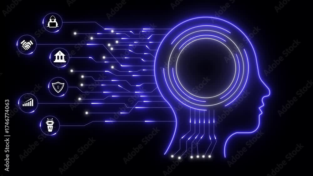 Glowing neon outline of a human head with interconnected circuit lines ...