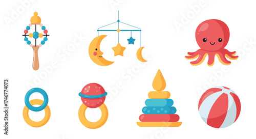 A collection of cute baby toys including rattles stacking rings a mobile and a soft ball.