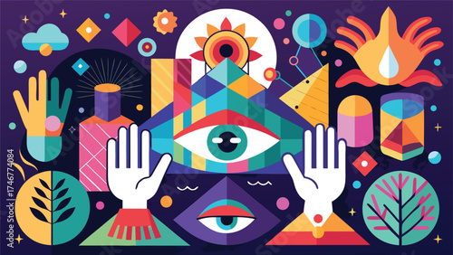 Geometric Mystic Composition in Vibrant Colors Featuring Eyes Hands Plants and Cosmic Symbols A Modern Take on Spirituality and Mysticism