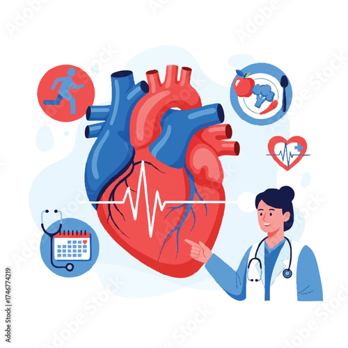 Healthcare Illustration: A medical illustration featuring a healthy heart. An informative and educational depiction, showcasing vital health, diet, exercise, and overall well-being.