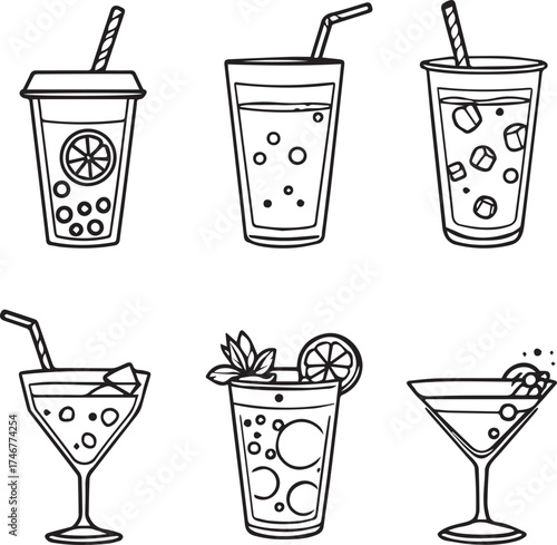 PrintStylized drink icon set — black and white illustrations of bubble tea, cocktails, soda, and fruit beverages with garnish