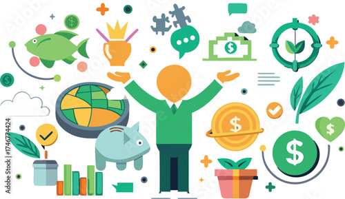 Investment diversification and financial growth concept with assets and investor raising arms to show opportunity and potential for wealth building and positive financial management illustration
