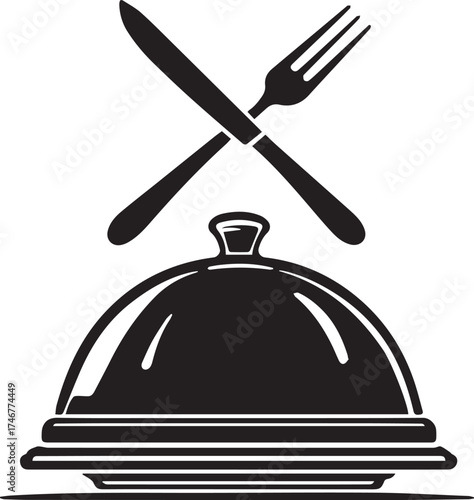 Food service icon — black and white stylized cloche with crossed knife and fork for restaurant, dining, and culinary branding themes