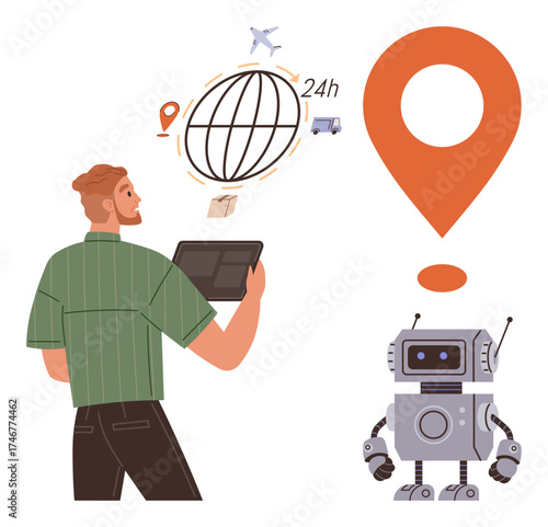 Man holds tablet overseeing global logistics with flying airplane, package, 24h sign, geolocation icon, truck, AI robot. Ideal for delivery, technology, AI innovation logistics automation global
