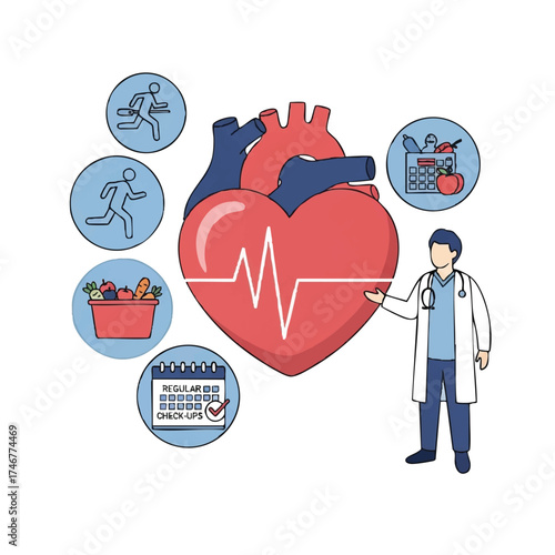 Healthy Heart's Roadmap: A doctor points toward the anatomical heart with associated lifestyle icons, representing a holistic guide to cardiovascular wellness.