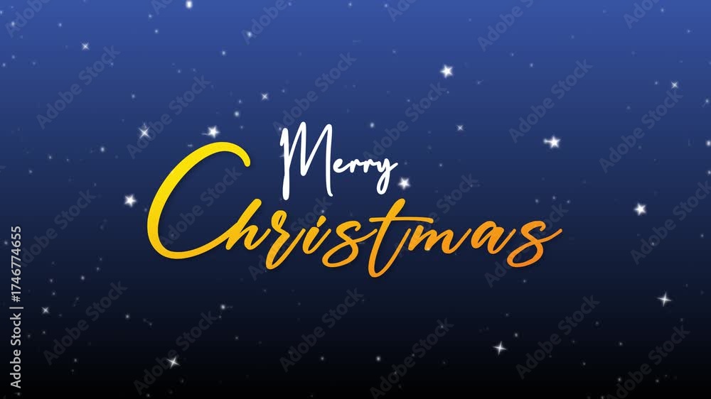 Sparkling lights xmas tree Merry Christmas and Happy New Year greeting message in english on blue background,snow flakes.Elegant animated holiday season social post digital card