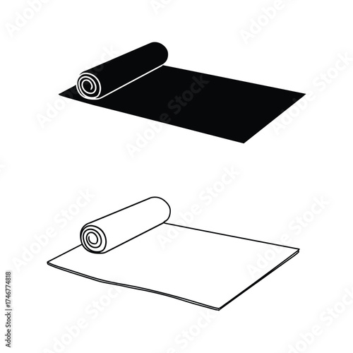 Yoga Mat Icon Set, Black and White exercise fitness health wellness sport gym workout training stretch roll rolled symbol graphic