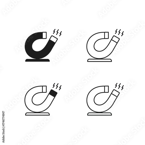 Magnet Icons Set science technology physics attraction magnetic force horseshoe symbol shape line outline glyph black white vector