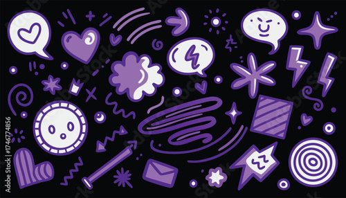 Playful purple doodle background with hearts stars arrows and speech bubbles a fun and quirky design perfect for creative projects and digital art