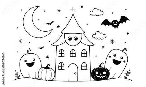 Whimsical hand drawn halloween scene featuring a spooky haunted house surrounded by friendly ghosts and pumpkins under a crescent moon and starry sky